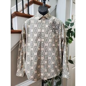Contigo Mens Beige 100% Cotton Long Sleeve Collared Button Down Shirt Size Large